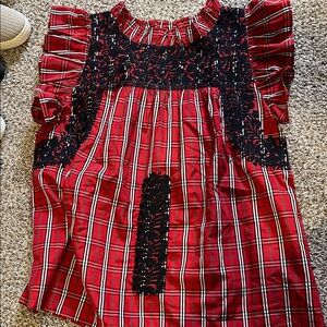 Elegant Red Plaid Women's Top with Black Lace